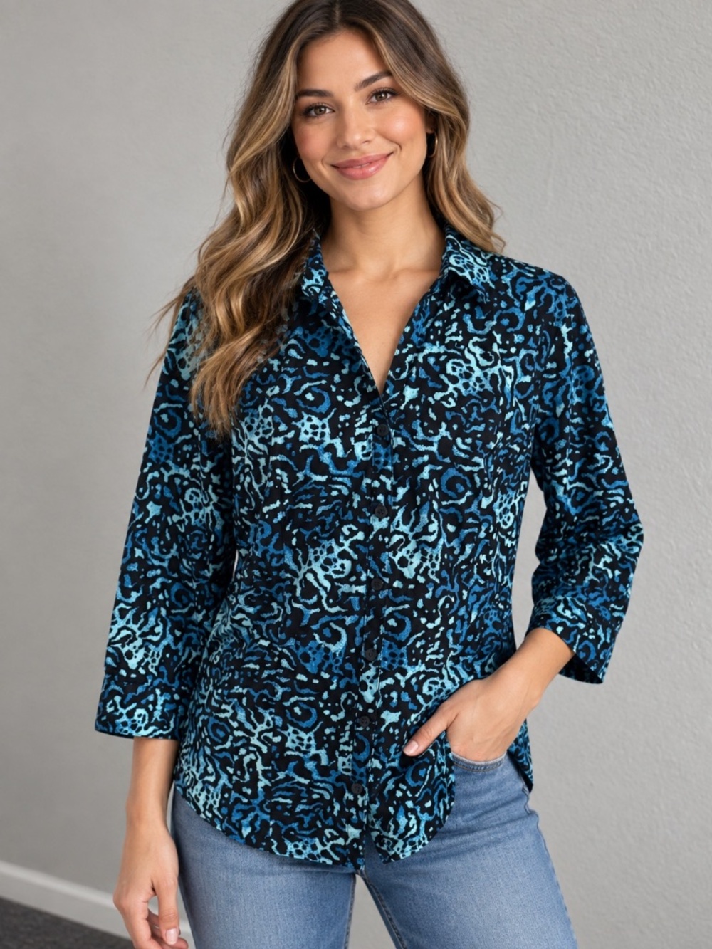 Dana Buchman Abstract Print Cotton Button Up Collared Shirt Blue Black Large